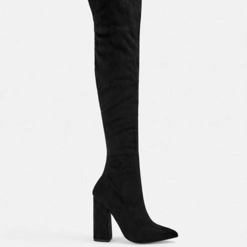 Black block heel faux suede over the knee boot